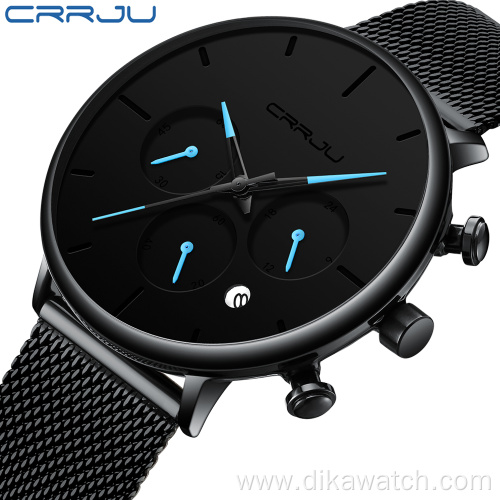 CRRJU Mens Business Dress Watches Luxury Casual Waterproof Sport Watch Men 3 eyes Dial Quartz Slim Mesh Watch Relogio Masculino